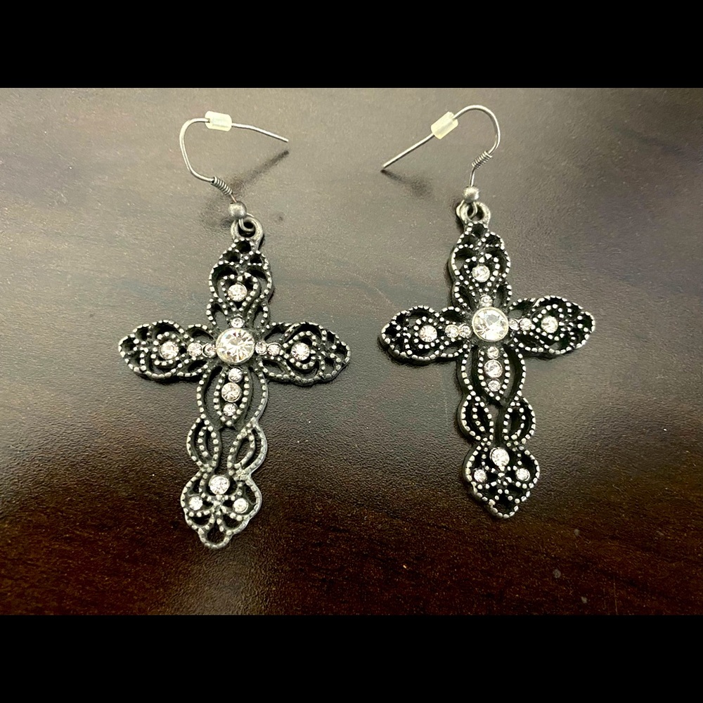 Silver cross dangle earrings